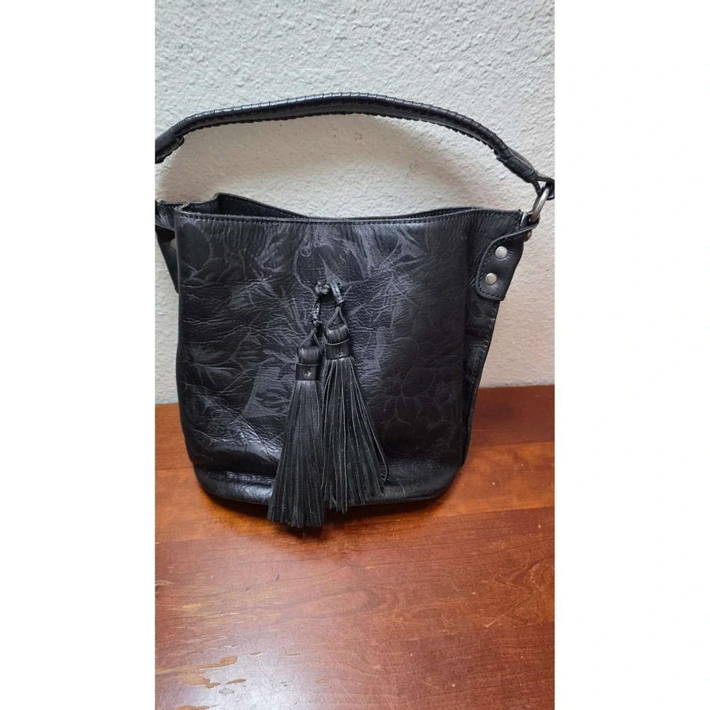 Patricia Nash Bucket Bag Womens‎ Black Floral Embossed Leather Tassel Hobo Purse